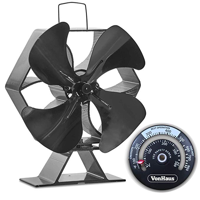 VonHaus Large 4 Blade Heat Powered Wood Stove Eco Fan with Temperature Gauge- Ultra Quiet Fireplace Wood Burning Fan for Efficient Heat Distribution – Black