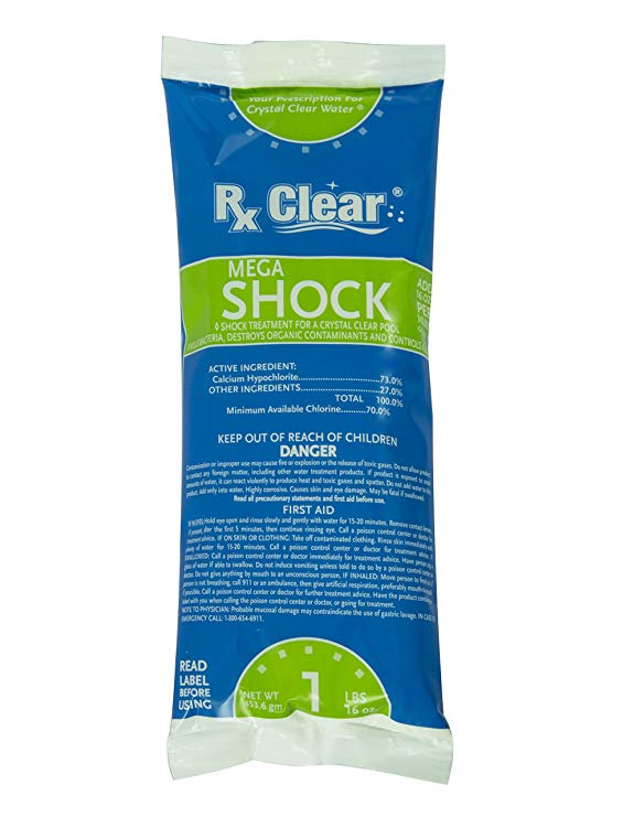 Rx Clear Mega Shock | 73% Calcium Hypochlorite | Kills Algae in Swimming Pools | One Pound Bags | 12 Pack