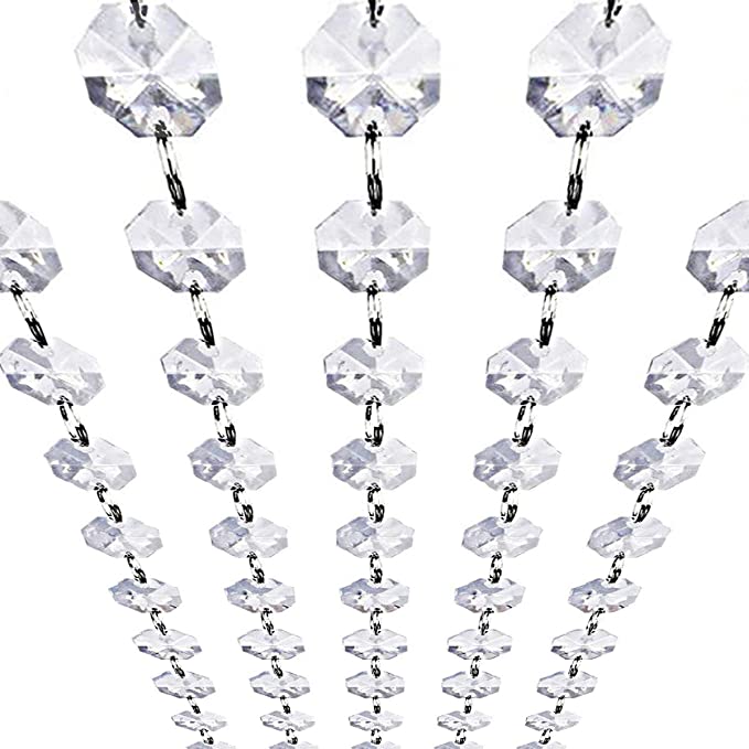 Crystal Garland Strands - Hanging Chandelier Gem Bead Chain - 14mm Clear Octagon Prism Diamond String Decorations for Wedding Party Manzanita Centerpiece Christmas Tree (Glass, 16 Feet)