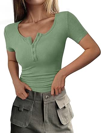 PRETTYGARDEN Women's 2025 Summer Short Sleeve Tops Ribbed Knit Henley Button Up Slim Fit Basic Casual T Shirts Blouse