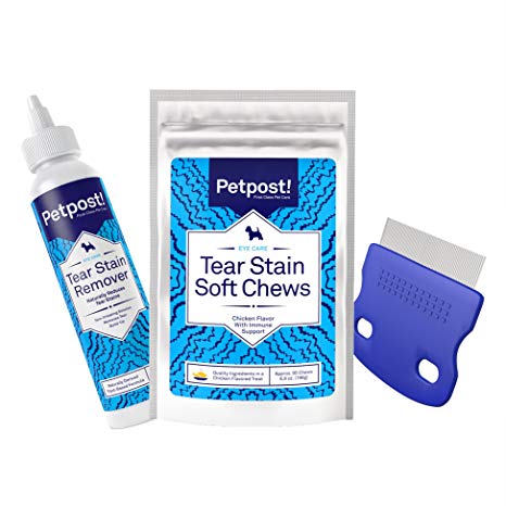 Petpost Tear Stain Remover for White Dogs Starter Pack with Tear Stain Soft Chews, Eye Stain Remover, and Eye Crust Comb for Maltese, Shih Tzu, Bichon Frise