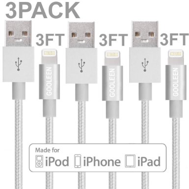 iPhone Charger, GOOLEEN 3pack 3FT Nylon Braided 8pin Lightning Cable Charging Cord USB Data Sync Cables for Phone SE/6s plus/6s/6 plus/6/5s/5c/5, iPad Pro/Air/mini, iPod nano/touch - Silver