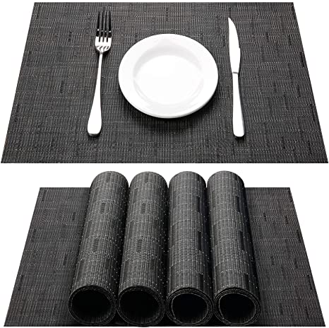 HOKEKI Placemats,Washable Vinyl Heat Resistant Table Mats,Non-Slip Wipe Clean PVC Placemats for Dining Table Sets of 4 (Black)