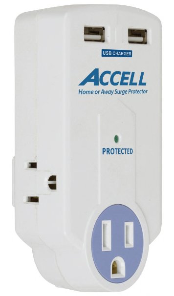 Accell D080B-010K 3-Outlet Travel Surge Protector with Dual USB Charging Ports - 612 Joules, 2.1A USB Output, Folding Plug, White, ETL Listed