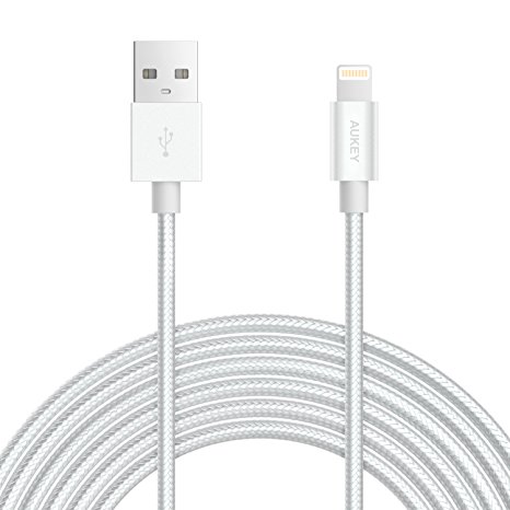 AUKEY Lightning Cable ( 6.6ft / 2m ) [ Apple MFi Certified ] Nylon Braided iPhone Cable Metal Shell for iPhone X / 8 / 8 Plus / 7 Plus / 7 / SE / 6s / 6s plus / 6 / 6 Plus - Silver