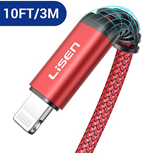 (10ft / 3m) LISEN Lightning to USB-A Cable, [Apple MFi Certified] 10 Feet Long iPhone Charger, Durable Nylon Braided Fast Charging Cord Compatible with iPhone 11/Pro/X/Xs Max/XR/8 Plus /7 /iPad-Red