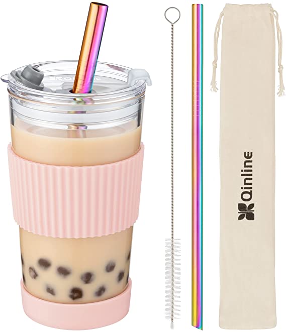 Boba Cup Reusable Bubble Tea Cup Smoothie Cups, 18Oz Glass Boba Tumbler with Lids & 2 Angled Straw, Silicone Sleeve, Leakproof Drinking Bottle Juicing Travel Mug for Large Pearl, Water, Iced Coffee