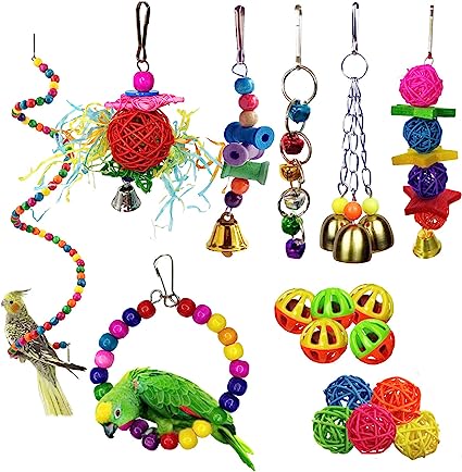 kathson 17 Packs Bird Toys Parrot Swing Chewing Toys, Hanging Bell Birds Cage Toys Colorful Toy for Small Parakeets, Conures, Cockatiels, Macaws, Finches, Love Birds