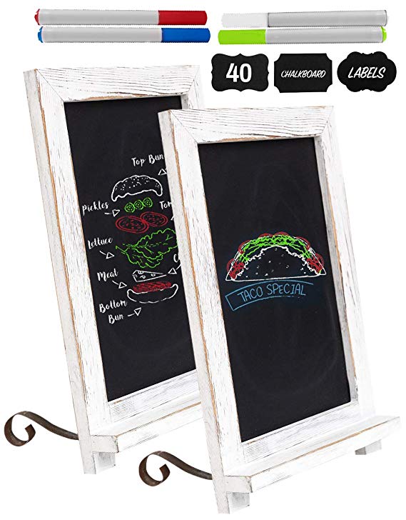 Rustic Chalk Board Signs (Set of 2) with 4 Chalk Markers and 40 Chalkboard Labels! Mini Magnetic Chalkboard Sign - Standing and Hanging Chalkboards! Small Blackboard for Rustic Wedding Decorations