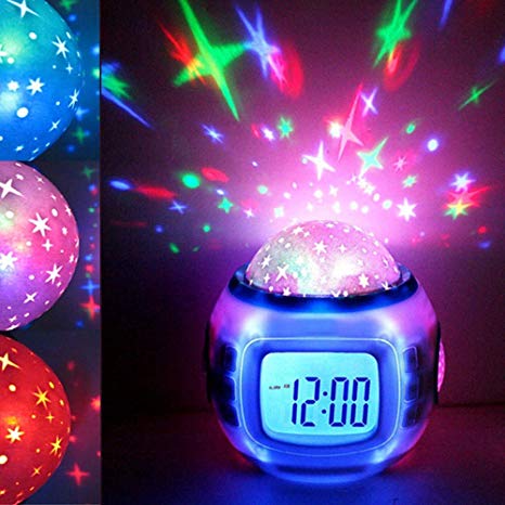 Fine Sky Star Night Light Projector Lamp Bedroom Alarm Clock with Music Backlight Calendar Thermometer for Children Kids Birthday Gift Digital Alarm Clock