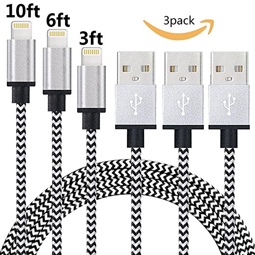 ViiVor Durable Nylon Braided Lightning 8pin to USB Syncing and Charging Cable with Aluminum Connector for Apple iPhone 7/7 Plus/6/6 Plus/6s/6s Plus/5/5c/5s/SE,iPad/iPod on iOS9 (Silver 3PACK 3FT 6FT 10FT)