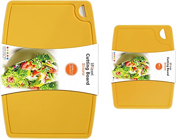 Liflicon Thick Cutting Boards for Kitchen Silicone Chopping Board Set of 2 Large14.6''x10.43'', Mini 9.1”x7.1” Non-slip Deep Drip Juice Groove Easy Grip Handle,Dishwasher Safe-Yellow