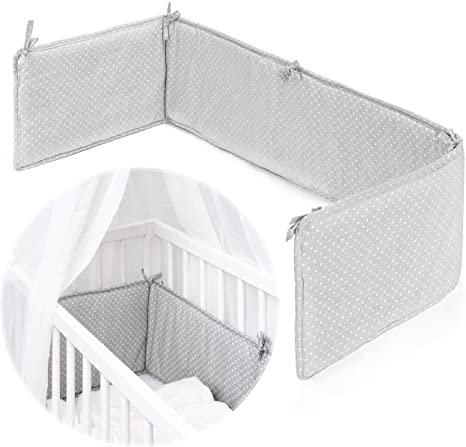 Fillikid Cot Bed Bumper 165 x 25 cm - Breathable Cotton Liner with Head Guard/Ideal for Side Sleeping Crib, Cot and Cot Bed - Grey with White Dots