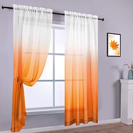 Orange Sheer Curtains 84 Inch Length for Living Room Set of 2 Pack Rod Pocket Semi Voile Ombre Window Curtain Panels for Bedroom Wide 42x84 Inches Long