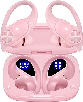 Bluetooth Headphones Wireless Earbuds 80hrs Playtime Wireless Charging Case Digital Display Sports Ear buds with Earhook Premium Deep Bass IPX7 Waterproof Over-Ear Earphones for TV Phone Laptop Pink