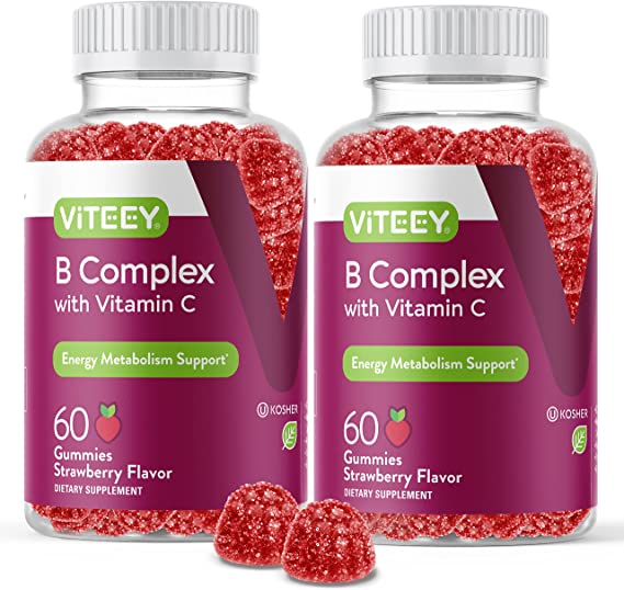 Vitamin B Complex Gummies - Vitamin C - Vitamin B6 - Vitamin B12 - Niacinamide - Folic Acid - Biotin And Calcium - Supports Energy Metabolism And Nerve System Support, Chewable Gummy Chews, Strawberry