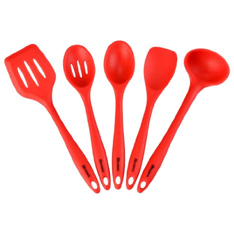 Homdox Premium Heat Resistant Silicone Cooking Utensil Set with Hygienic Solid Coating, Set of 5