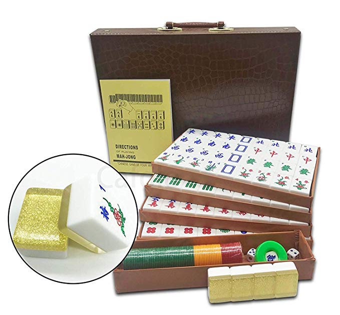 Mose Cafolo New Chinese Mahjong X-Large 144 Numbered Acrylic Tiles 1.5" Large Gold Tile with Carrying Travel Case Pro Complete Mahjong Game Set - (Mah Jong, Mahjongg, Mah-Jongg, Mah Jongg, Majiang)