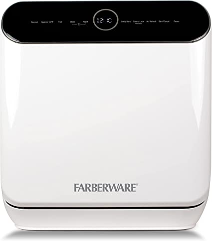 Farberware FCDMSDWH Complete Portable Countertop Dishwasher, 2 Place Settings, 5 Wash Programs, Digital Controls, White