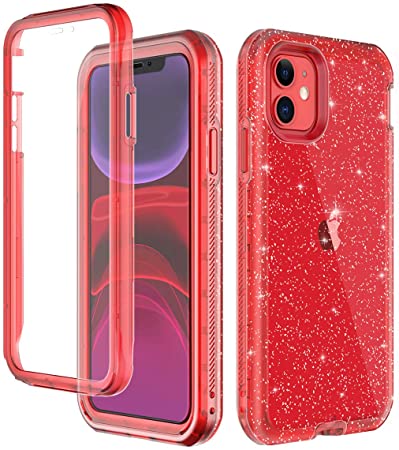 LONTECT for iPhone 11 Case Built-in Screen Protector Glitter Clear Sparkly Bling Rugged Shockproof Hybrid Full Body Protective Case Cover for Apple iPhone 11 6.1 2019, Red Clear/Silver Glitter