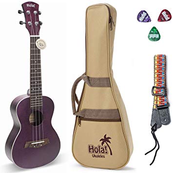 Concert Ukulele Bundle, Deluxe Series by Hola! Music (Model HM-124PP ), Bundle Includes: 24 Inch Mahogany Ukulele with Aquila Nylgut Strings Installed, Padded Gig Bag, Strap and Picks - Purple