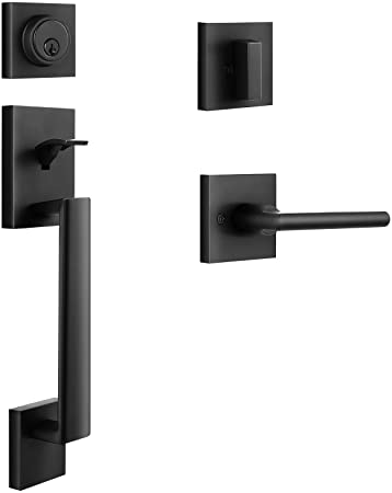 Front Door Handle, Ohuhu Front Door Lock Set, Black Door Handles, Door Locks with Keys, Handleset with Door Lever, Single Cylinder Reversible, Heavy Duty Zinc Alloy Matte Black