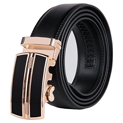 JINIU Men's Leather Belt Automatic Buckle 35mm Ratchet Dress Black Belts Boxed