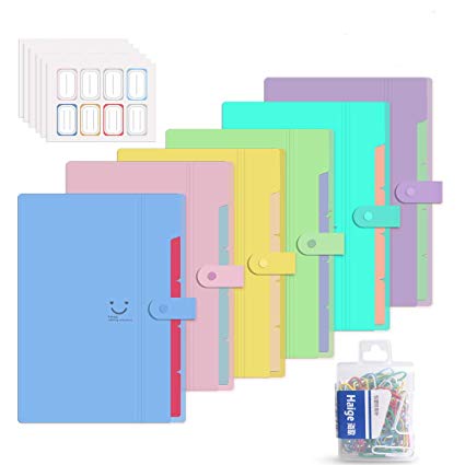 6 Pack Plastic Expanding File Folder 5 Pocket,Accordion Document Organizer,A4 Letter Size,with 80Pcs Colored Paper Clip and 48Pcs File Folder Labels for School Office Business Use