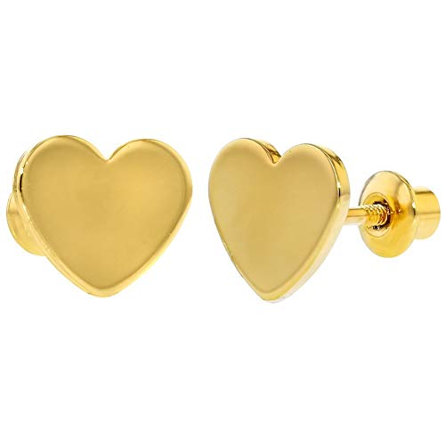 18k Gold Plated Plain Heart Screw Back Safety Earrings Baby Kids Infants