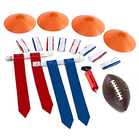 Flag Football Flags - Set Includes 10 Flag Belts for 5 x 5 | 4 Cones | Youth Football | Hand Pump | Carrying Bag - Complete Flag Football Belt Set