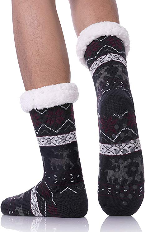 SDBING Mens Super Soft Warm Cozy Fuzzy Fleece-lined Winter Christmas gift With Grips Slipper socks