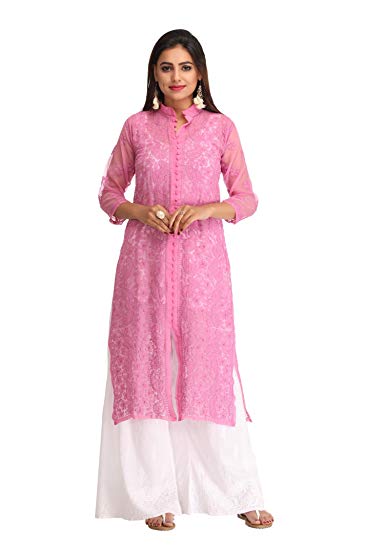 ADA Hand Embroidered Lucknow Chikan Womens Casual Faux Georgette Kurta (A232653_Onion Pink)