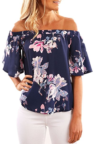 PiePieBuy Women Sexy A-Line Off Shoulder Floral Print Shirt Blouse Tops Tee