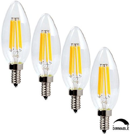 SooFoo E12 Candelabra Base 6W Dimmable COB LED Filament Candle Light Bulb,2700K Warm White 600LM,60W Incandescent Replacement,4 Pack