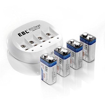EBL 855 4 Bay 9V Li-ion Battery Charger with 4 Pack 600mAh 9V 6F22 Low Self-Discharge Lithium-ion Rechargeable Batteries