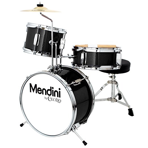 Mendini by Cecilio 13 Inch 3-Piece Kids / Junior Drum Set with Adjustable Throne, Cymbal, Pedal & Drumsticks, Metallic Black, MJDS-1-BK