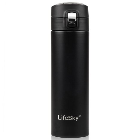 LifeSky Travel Coffee Mug, 16oz - Stainless Steel Double Wall Vacuum Insulation -Leakproof, Keeps Drink Warm/Cold up to 12Hrs -1 Click Open - BPA Free - Best for Traveling, Tea (Black)