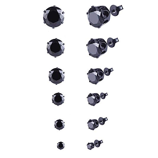 Paxuan 6 Pairs Mens Womens Stainless Steel Silver Black Round Clear Cubic Zirconia Stud Earrings Set (3-8mm)