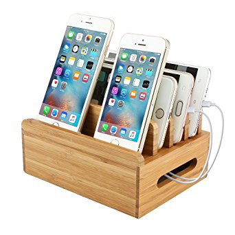 Bamboo Charging Station Dock Organizer Multi-device Cord Stand Holder for Smart Phones, iPad, iPhone, Tablets and Other Electronic Gadgets