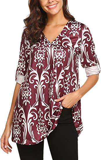 BEAUTEINE Print Blouses for Women Cuff Sleeve Top Women V Neck Shirts Pleated Tunic Top Plus Size