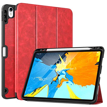 MoKo Case Fit iPad Pro 11" 2018 with Apple Pencil Holder [Support Magnetically Attach Charging/Pairing Feature] - Slim Lightweight Smart Shell Stand Cover Case with Auto Wake/Sleep - Red