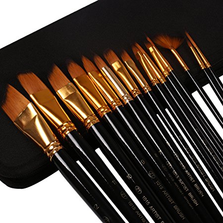 Wisehands Paint Brushes Set for Watercolors with Long Handle Case Holder for Acrylic, Oil and Face Painting - 15 Pieces