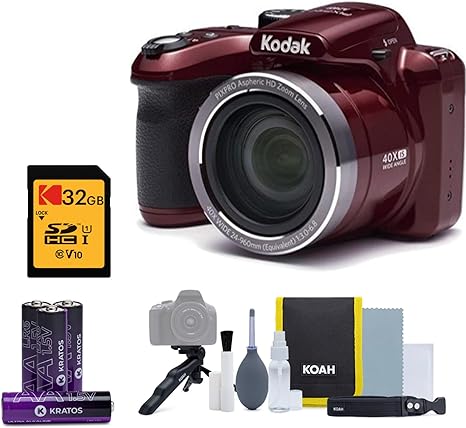 Kodak AZ401RD PIXPRO Compact Digital Camera with 16 Megapixels and 40x Optical Zoom Lens, HD Video, and 24mm Wide Angle (Red) Bundle with 32 GB Memory Card, 4 AA Batteries and Cleaning Kit (4 Items)