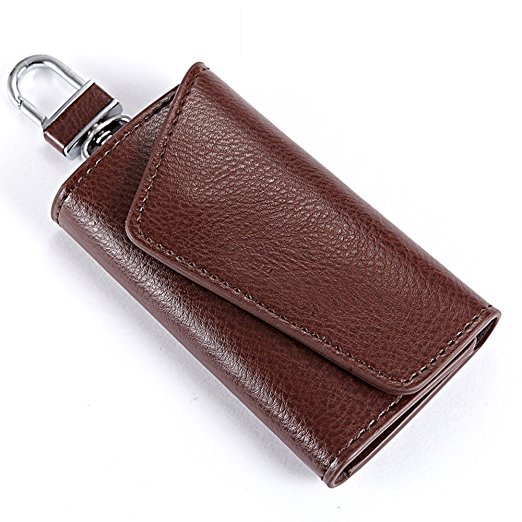 Lecxci Car Key Case Leather Key Holder Bag Key Ring Pouch Wallet (Coffee)