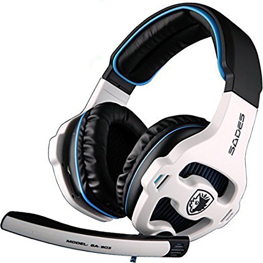 Sades SA903 Stereo 7.1 Surround Sound USB Wired PC Computer Gmaing Headset Headphones with Microphone Volume Control,Over Ear LED Lighting Noise Canceling for Gamers ,White/Blue