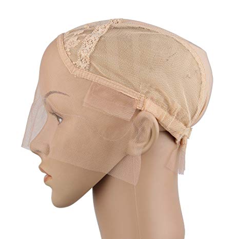 Beauty7 Swiss Lace Front Wig Caps With Elastic Adjustable Straps for DIY Weaving Sewing Making Wig Hair Weft (Size M, Beige)
