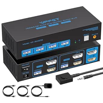 HDMI Displayport KVM Switch 2 Monitors 2 Computers 4K@60Hz KVM Switcher Dual Monitor for 2 Computers Share 2 Screens and 4 USB 3.0 Ports Support Extended/Copy Mode with Desktop Controller