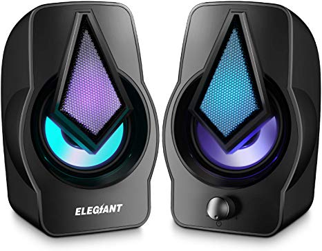 ELEGIANT Computer Speakers, 2.0 USB Powered PC Speakers Stereo Volume Control with LED Light Mini Portable Gaming Speakers 3.5mm for PC Cellphone Tablets Desktop Laptop