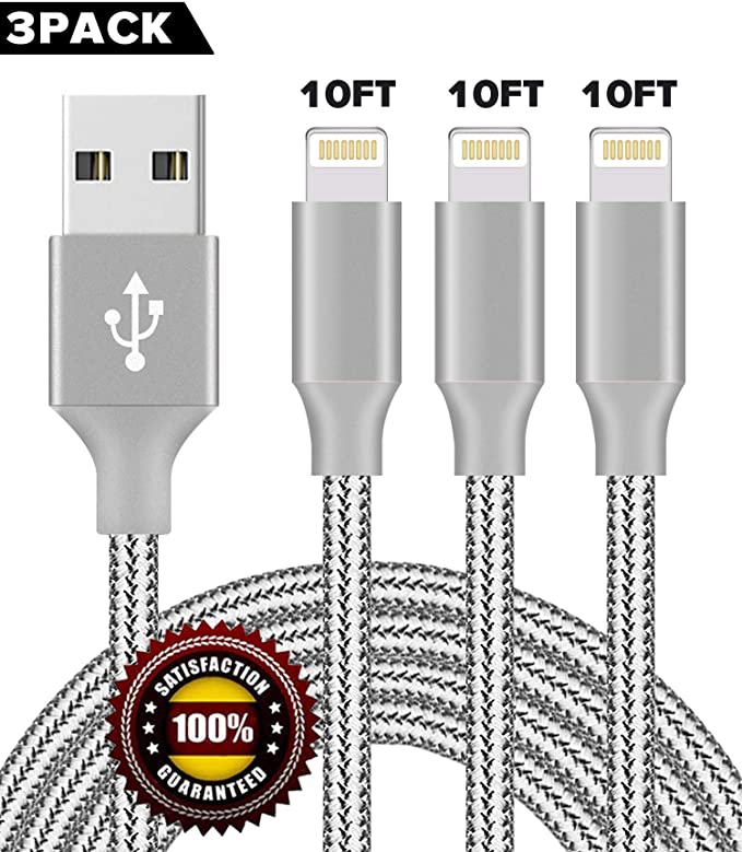 iPhone Charger,Asing MFi Certified Lightning Cable 3 Pack 10FT Extra Long Nylon Braided USB Charging & Syncing Cord Compatible iPhone Xs/Max/XR/X/8/8Plus/7/7Plus/6S/6S Plus/SE/iPad/Nan - Grey
