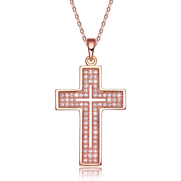 NEEMODA "Faith of Love" Hand-Inlaid AAA Cubic Zirconia Cross Necklace Triple Gold Plated with Deluxe Box